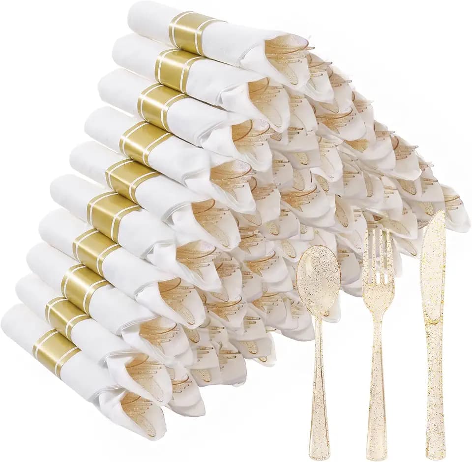 Goodluck 50 Pack Pre Rolled Gold Glitter Plastic Silverware