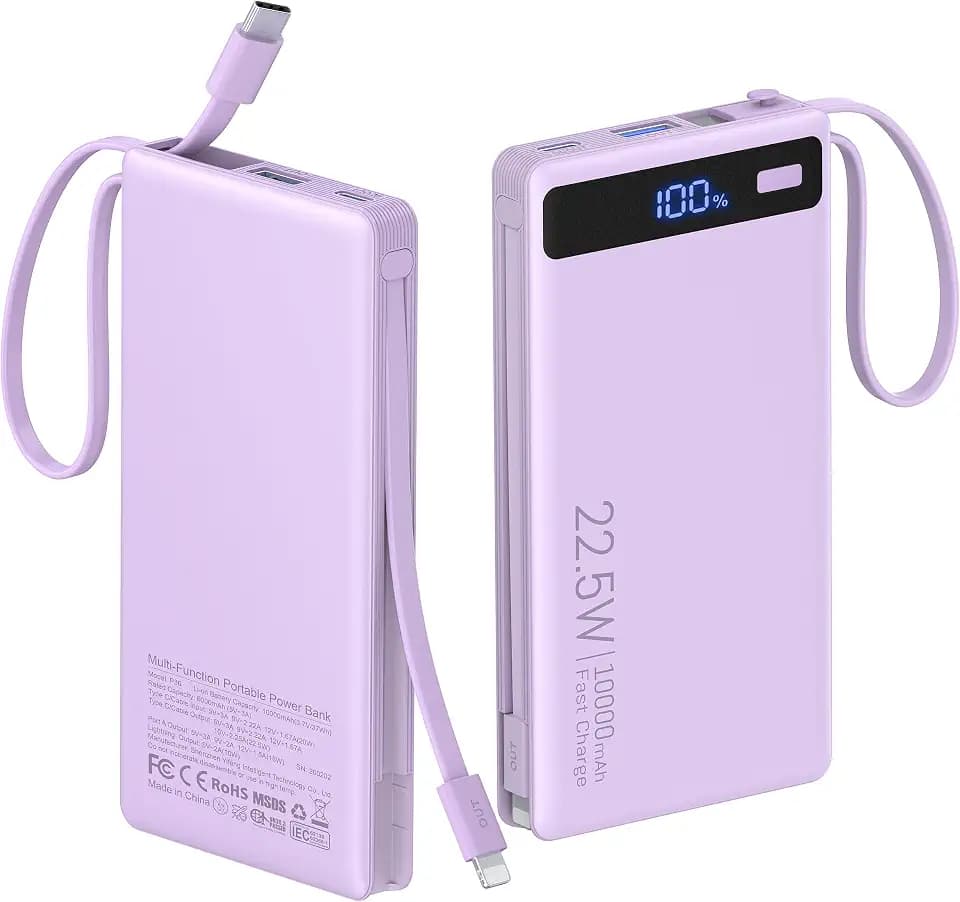 Portable Charger 10000mAh Built-in 2 Cables,22.5W PD 40% Thinner Power Bank