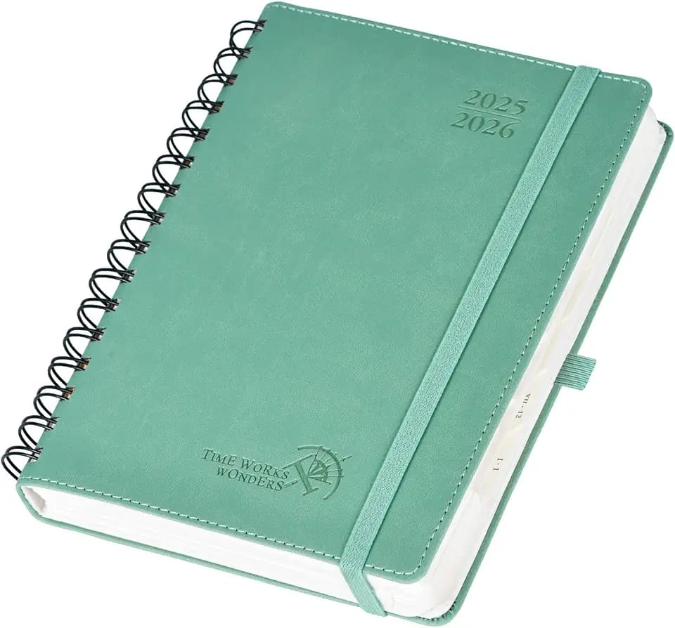 POPRUN Tagesplaner 2025 2026 A5 Ringbuch 21,5 x 14,5 cm (Aug.2025-Jul.2026), Tageskalender 1 Tag 1 Seite (Montag - Sonntag) mit Softcover, PU-Leder, Monatliche Registerkarten - Mitternachtsgrün