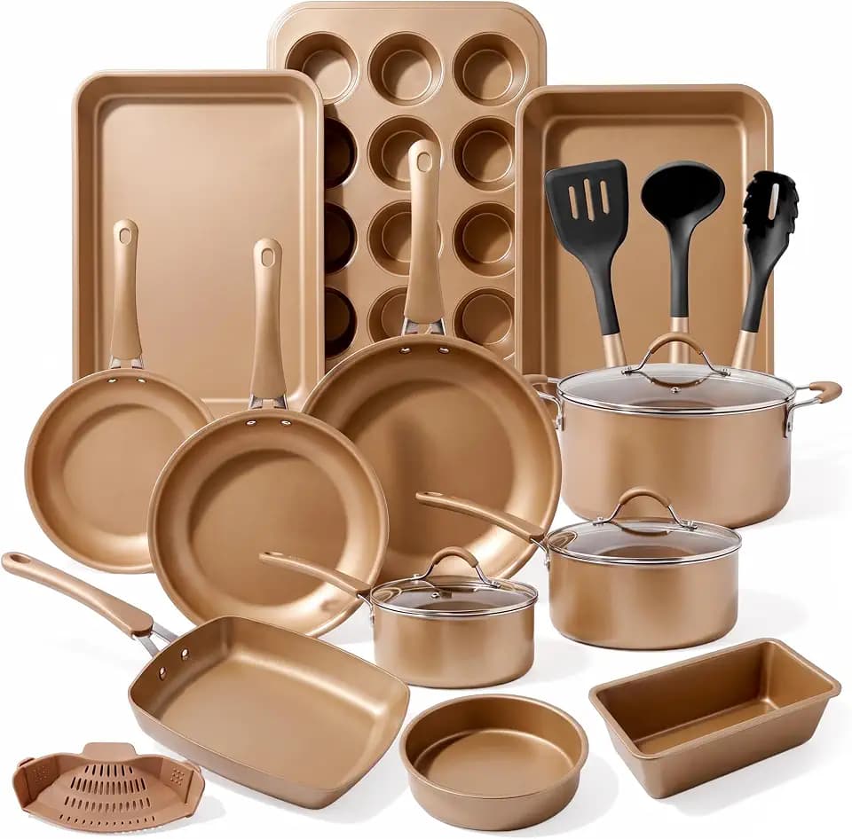 Nutrichef 20 Piece Professional Home Kitchen Cookware and Bakeware, Pots and Pans Set Non Stick Kitchenware, Cool-Touch Handles, Non Toxic, Safe for Gas, Electric, Induction Cooktops, Easy Clean