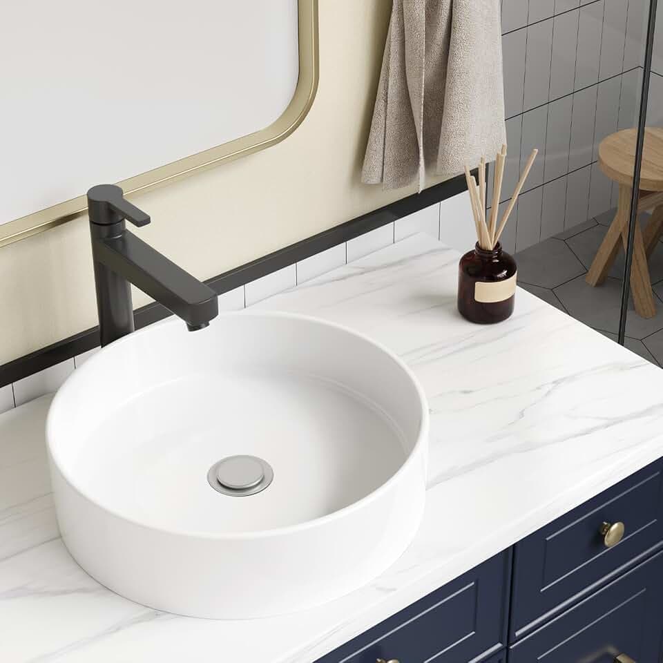 IDEALHOUSE Vessel Sink Round 18 Inch, White Fireclay Ceramic Above Counter Bathroom Sink, Modern Bowl Lavatory Vanity Basin for Bathroom Vanity Cabinet