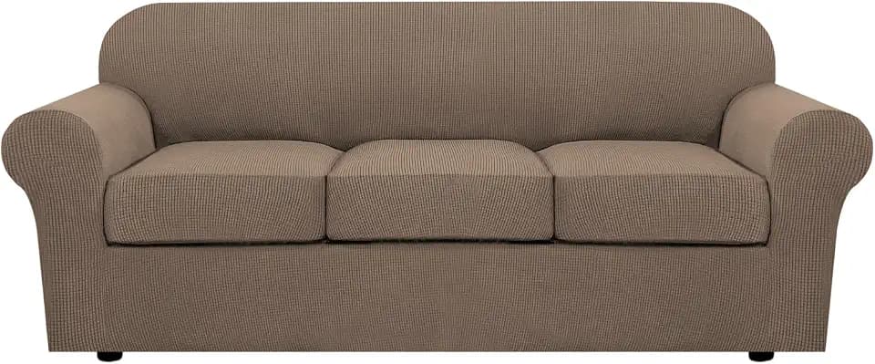 H.VERSAILTEX 4 Piece Stretch Sofa Covers for 3 Cushion Couch Covers for Living Room Furniture Slipcovers (Base Cover Plus 3 Seat Cushion Covers) Upgraded Thicker Jacquard Fabric (Sofa, Macchiato)
