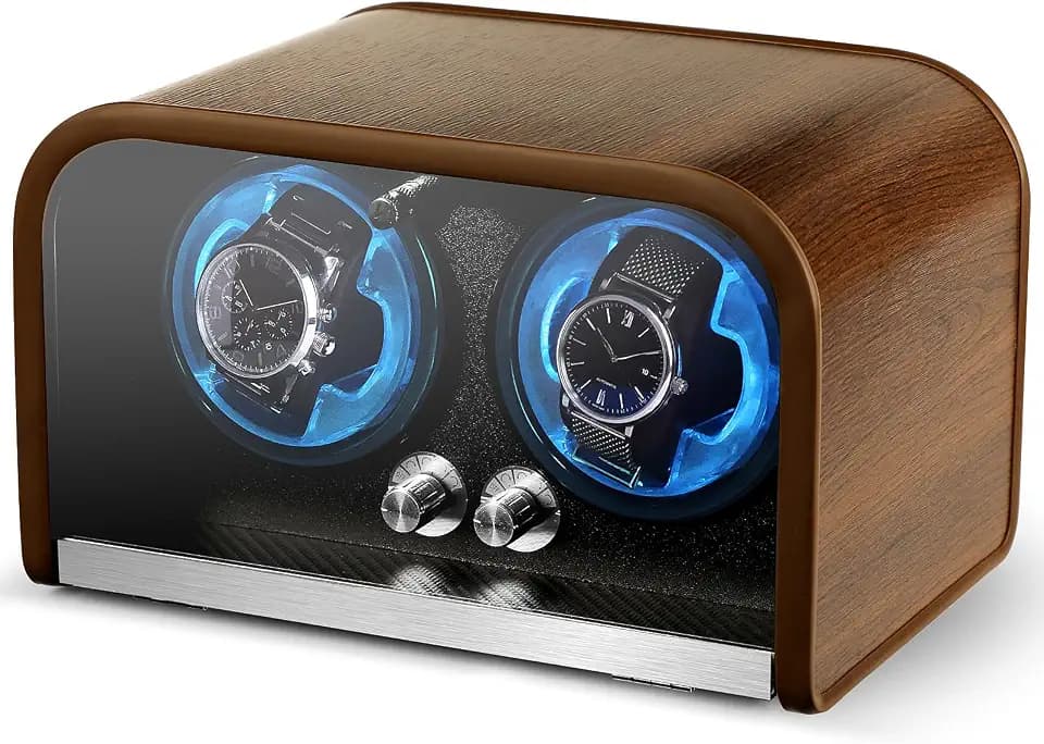 Watch Winder for Automatic Watches, Watch Winders Box for Rolex,Double Japanese Silent Motor, 4 Rotation Mode Setting, Blue Light, Plug-in or 2 * AA Batteries (not included), Gift for man