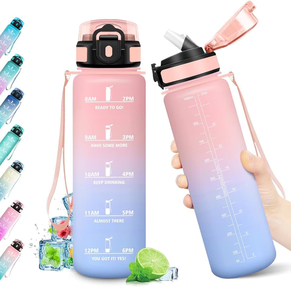 KollyKolla Sportflasche 1L, Trinkflasche Kohlensäure Geeignet, Auslaufsicher, Trinkflasche mit Zeitmarkierung & Strohhalm, Motivierende Wasserflasche für Fitness, Schule, Fahrrad, Yoga, Camping,
