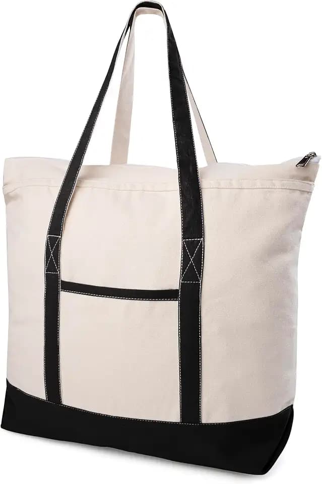 Canvas Tote Bag with Zipper & External Pocket, Reusable Grocery Shopping Tote Bag with Handles for Groceries