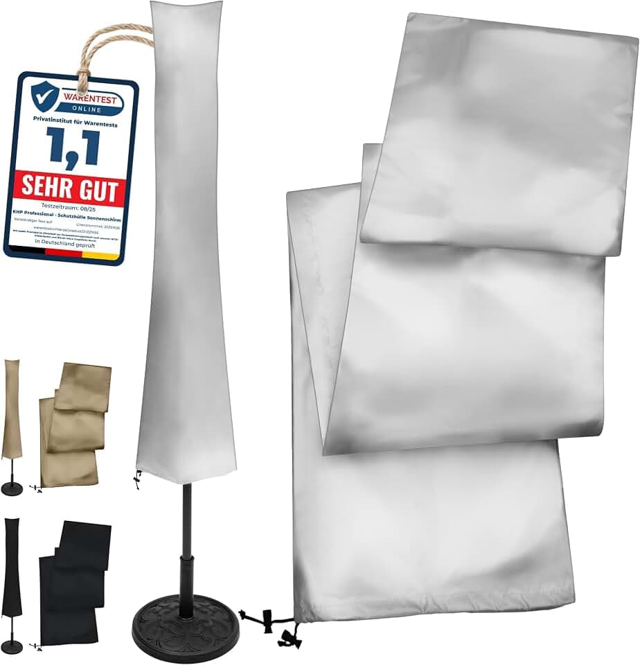KHP Professional Premium Schutzhülle für Sonnenschirm aus extra stabilem Stoff in 5 Längen | Extrem reißfeste & wetterfeste Schirm-Hülle mit langem Reißverschluss & Kordelzug | UV-beständige Abdeckung