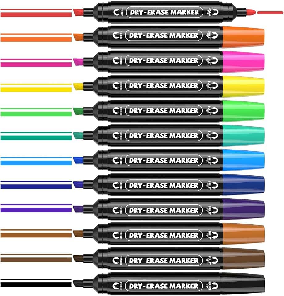 12 Dry Erase Markers Double Sided, Bullet & Chisel tip Whiteboard Markers