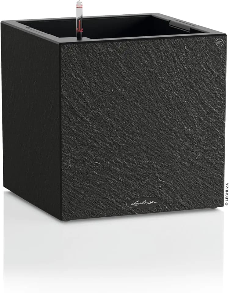 Lechuza-Pflanzgefäß Canto Slatestone 40 Low Dark Grey, Pflanzgefäß mit Bewässerungssystem, Wasserstandsanzeiger und Pflanzeinsatz, Schiefer-Optik, 40 x 40 x 40 cm, 15951
