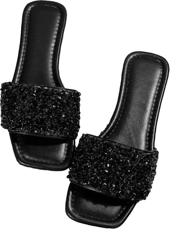 GORGLITTER Women's Sparkly Flat Sandals Dressy Open Toe Glitter Slide Shoes