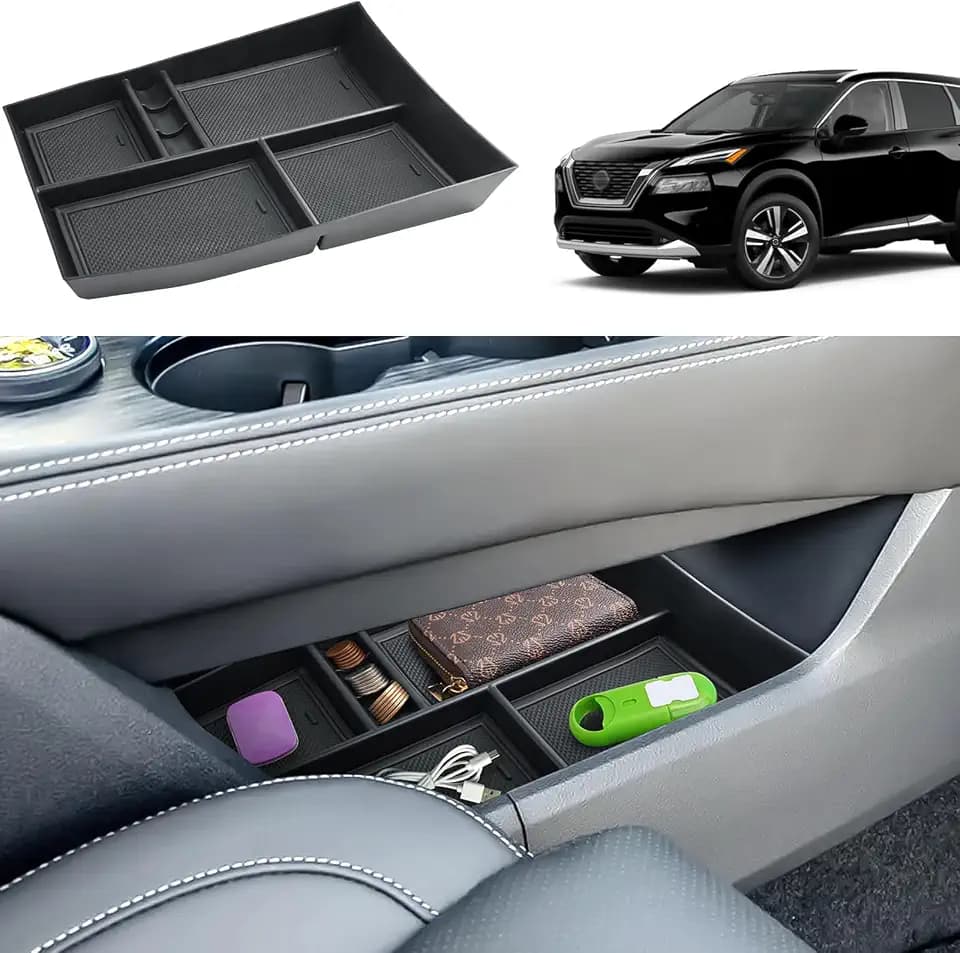 2021-2026 Rogue Center Console Organizer Lower, for Nissan Rogue (S/SV/SL/Platinum/Rock Creek/Dark Armor), Durable &Anti-slip ABS Console Tray Insert 2025 2026 Rogue Accessories (Black)