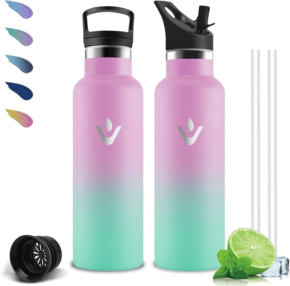 Trinkflasche Edelstahl, Trinkflasche 500ml, BPA-Frei, Wasserflasche mit Strohhalm, 24h Kalt & 12h Warm, Wasserflasche Auslaufsicher, Thermosflasche für Schule, Büro, Reisen, Camping