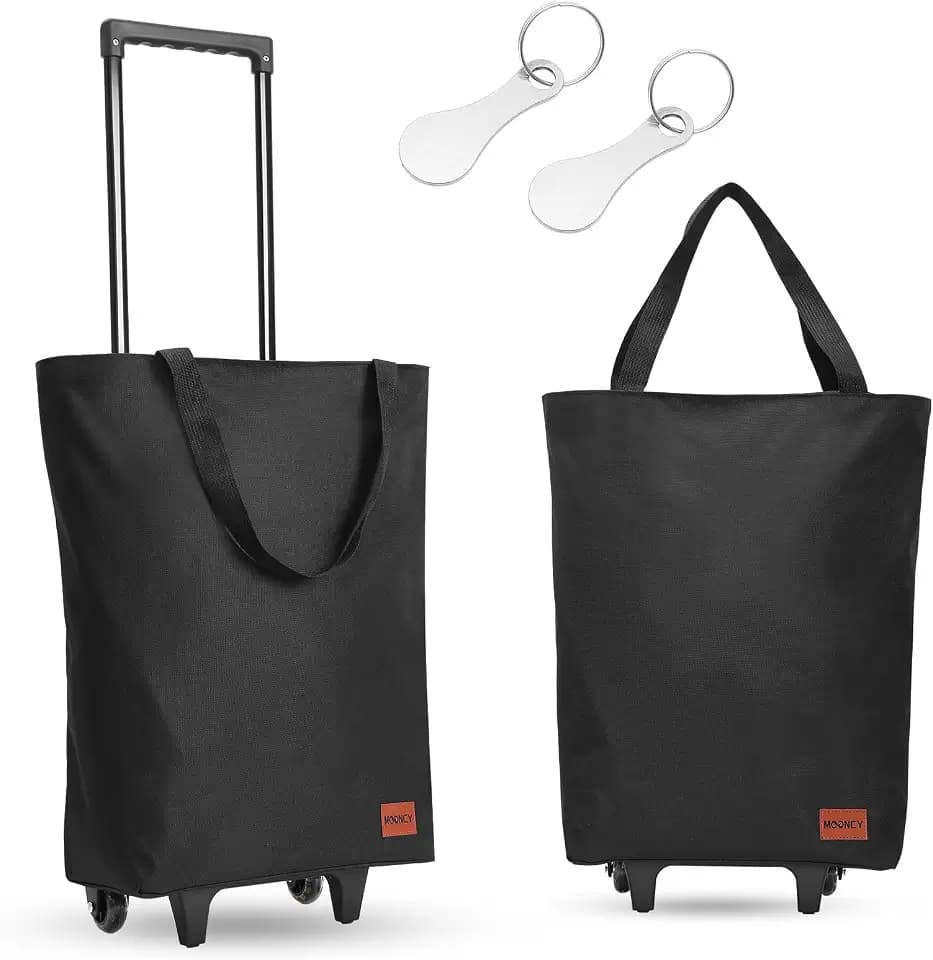 MOONCY 2-in-1 Einkaufstrolley, 30L Große Einkaufstasche auf Rollen, Leichter Einkaufswagen Klappbar für Camping und Reisen, Inklusive Einkaufswagenlöser, Schwarz