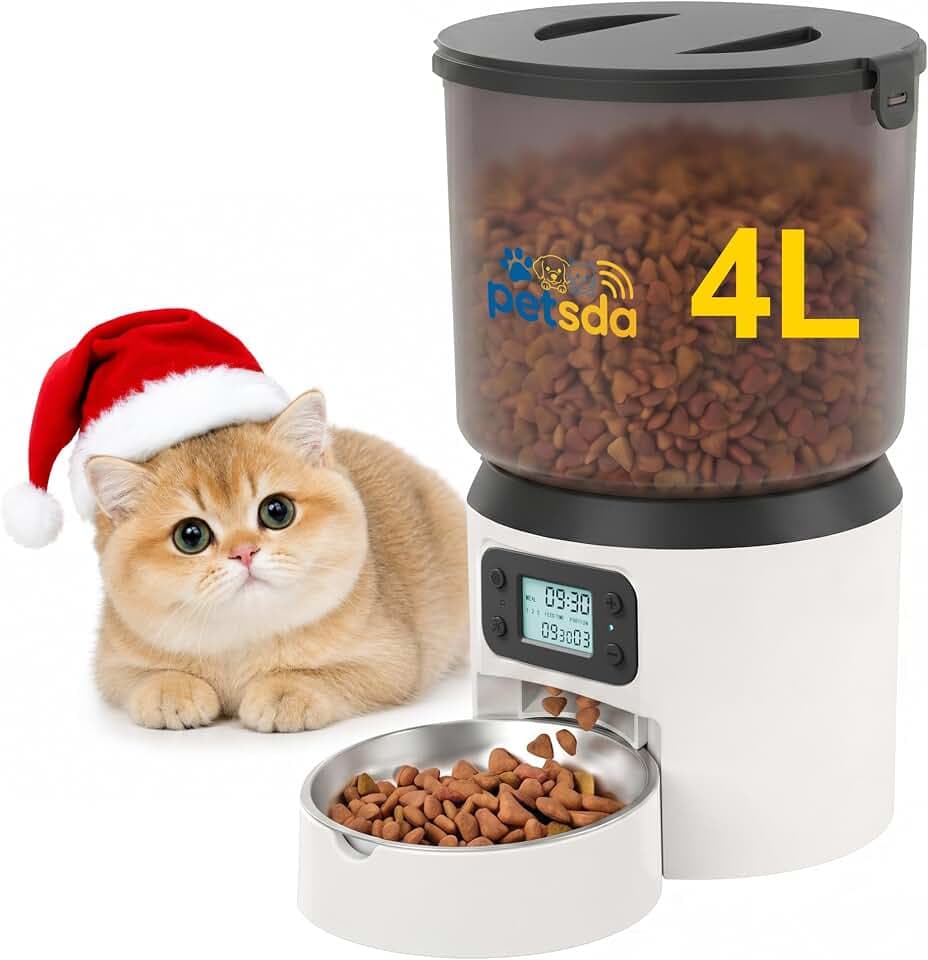 Automatic Cat Feeder 4L Timed Cat Dry Food Dispenser Auto Pet Feeder Portion Control up to 9 Meals/Day for Cats and Small Dogs Dual Power Supply, with Stainless Bowl Fresh Food, Easy Clean
