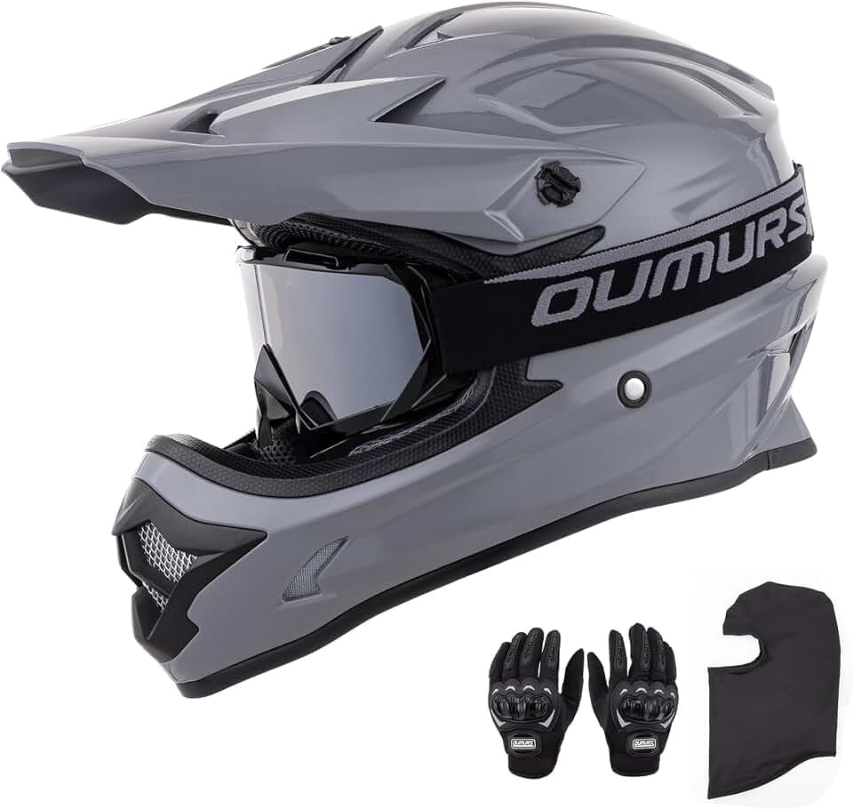 OUMURS Adult ATV Dirt Bike Helmet with Goggles Gloves & Mask Adjustable Sun Visor Motorcycle Adult Helmet Off-Road Motocross Downhill Moped MX for Unisex-Adult-Gray, L