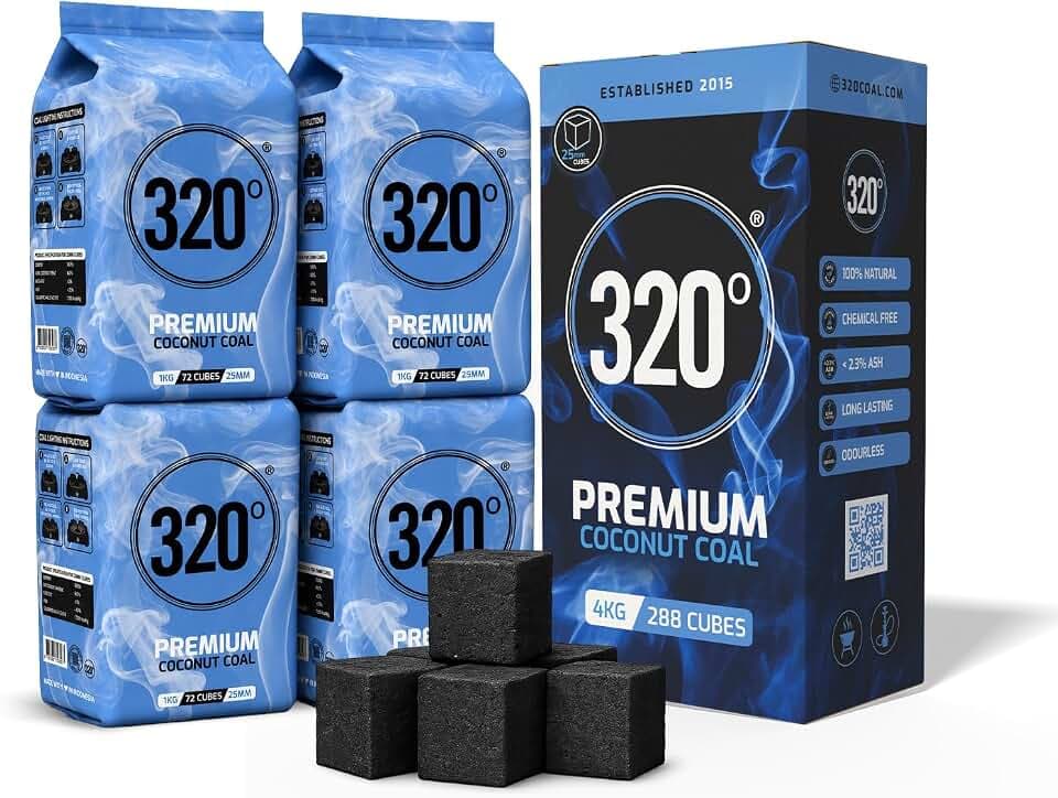 320° 4kg Premium Kokosnuss Naturkohle (25mm Würfel) für Shisha & BBQ 4kg - 288 Stück [Shisha Kohle]
