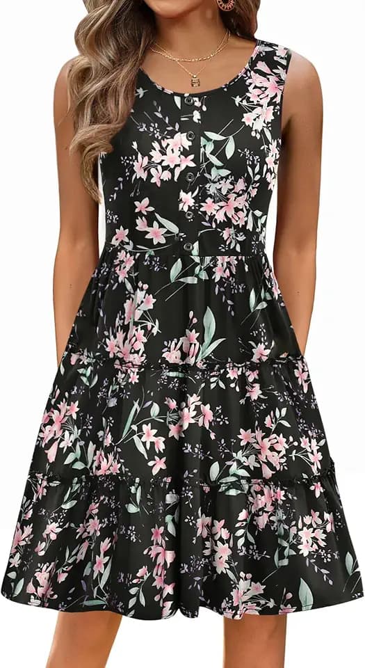 Hotouch Sommerkleid Damen Elegant Kleider Ärmellos Strandkleid Blumen Rundhals A-Linie Kleid Swing Blumenkleid mit Tasche Casual S-XXL