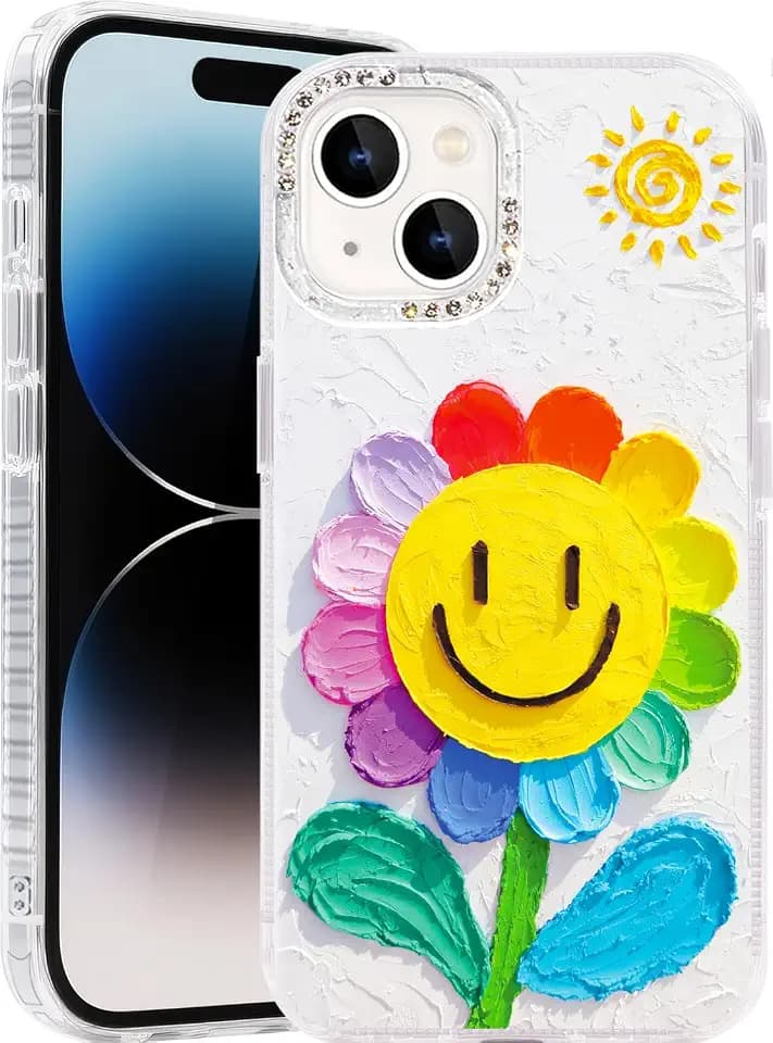Compatible with iPhone 15 Plus&14 Plus Case,with [Soft Slim][Camera Protection] Cute Rainbow Flower Aesthetic Phone Cover Anti-Yellowing Shockproof Protective Cover for Women Girl-White
