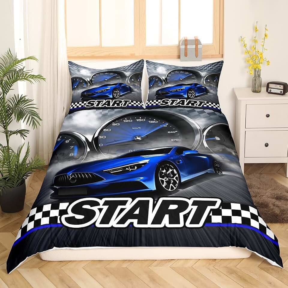 Homewish Rennen Auto Bettwäsche Set für Jungen Kinder Coole Sport Auto Bettwäsche 135x200 Mädchen Mann Extreme Sport Bettbezug Silber Rennauto Druck Schwarz und Weiß Gitter Dekor Tröster Abdeckung