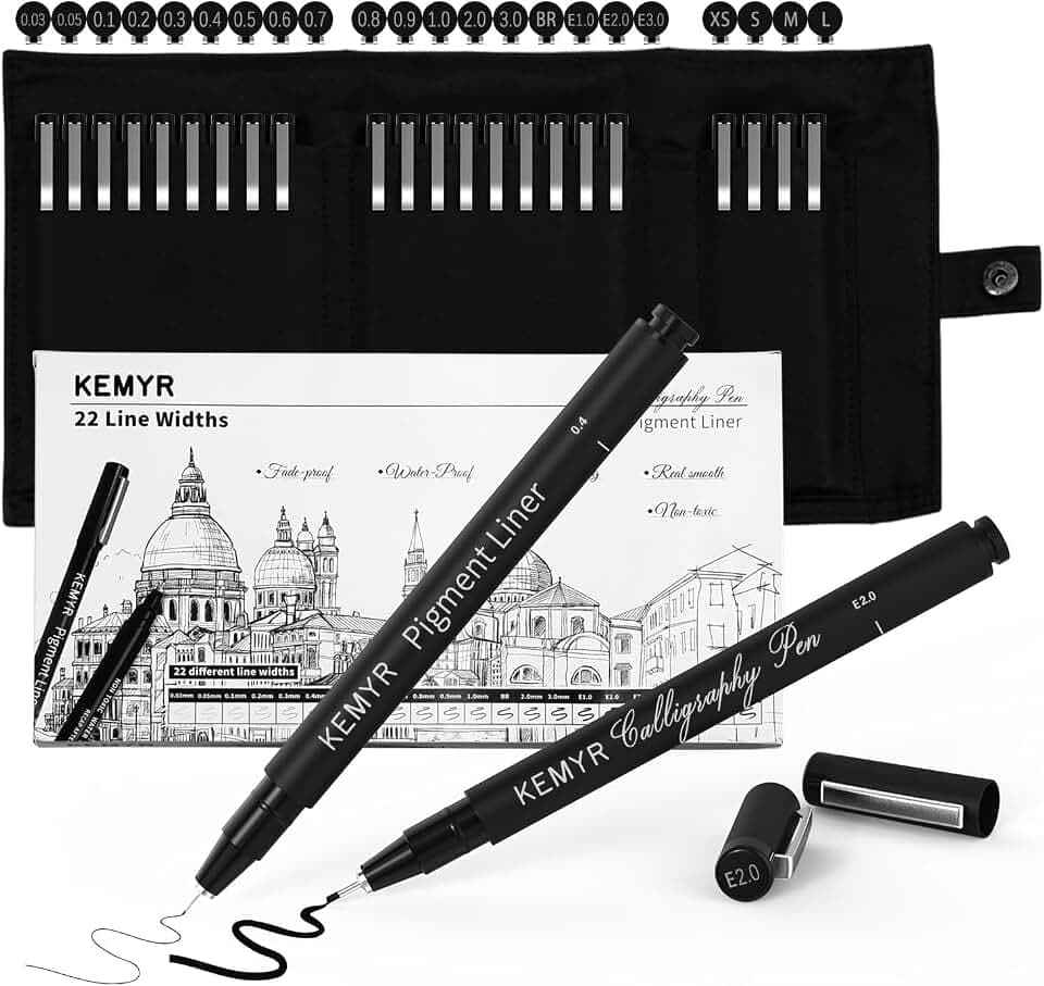 KEMYR Fineliner Set, 22 Pigmentliner mit Aufbewahrungstasche, Schwarz