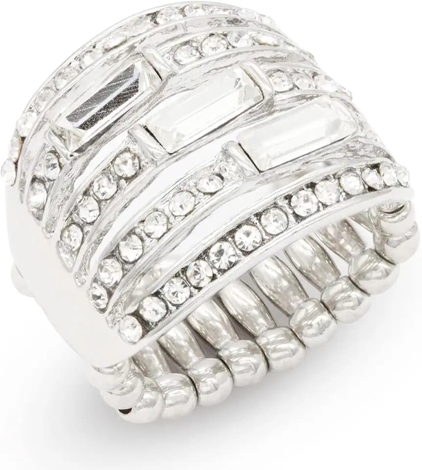Lavencious 5 Rows Design with Crystals Stretch Rings Statement Rings Free Size for Women (Silver + Clear Crystals)