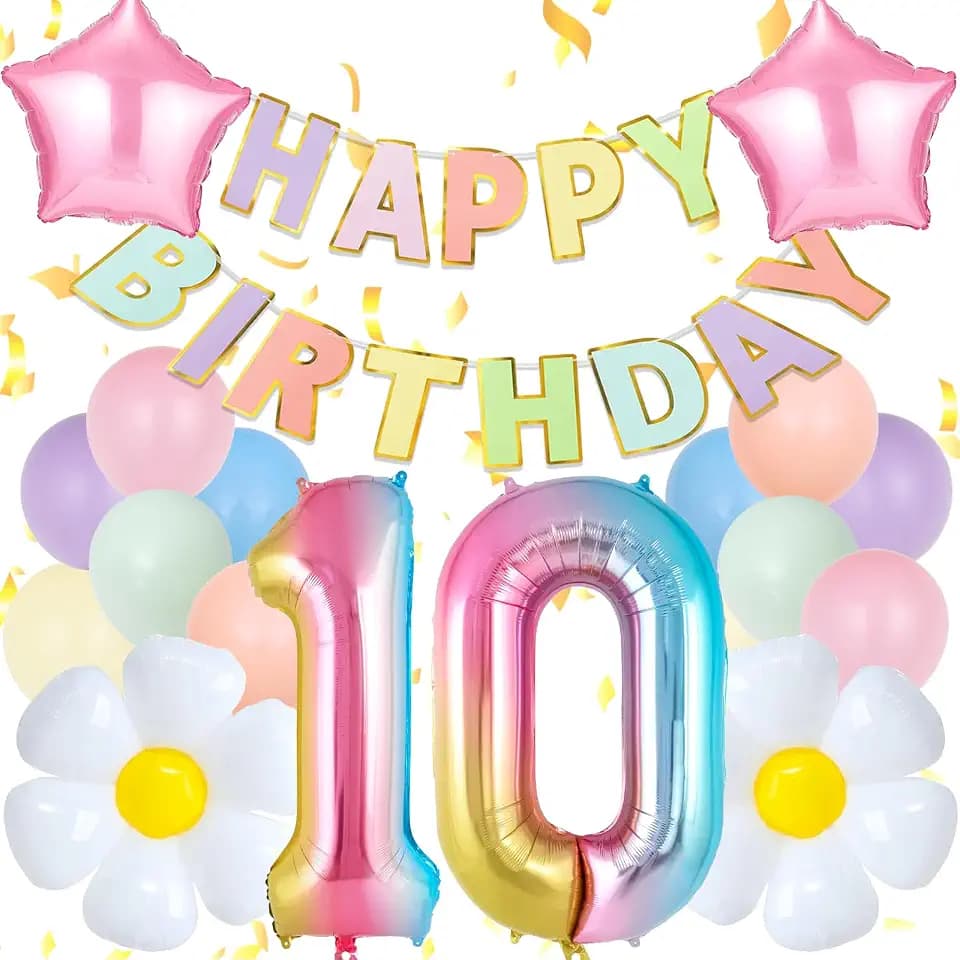 Happy 10th Birthday Decorations For Girl, Pastel Happy Birthday Banner, Rainbow Gradient 10 Balloon Number 40 Inch, Number 10 Balloon For Pastel Party Decorations