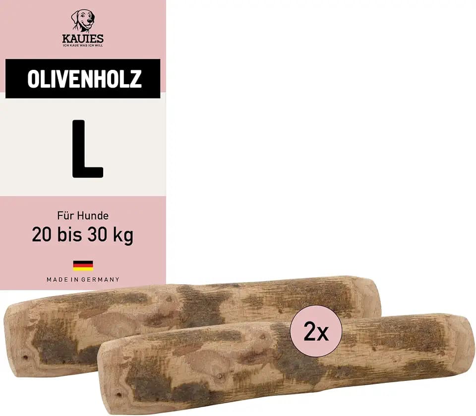Olivenholz Kauknochen für deinen Hund - 100% natürlich, vegan & kalorienfrei - langelebiges Hunde-Spielzeug aus schadstoffgeprüftem Holz, Made in Germany, Größe L bis 30 kg (2er Pack)