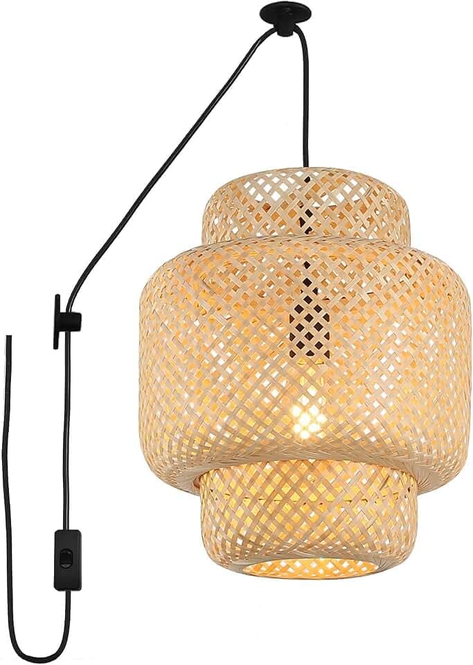 SUNLLOK Handgewebte Bambus Lampe Pendelleuchte für Esstisch, Rattan Decke Hängelampe Korblampe mit Stecker, Vintage Kronleuchter Deckenleuchte Deko für Wohnzimmer Kochinsel Restaurant