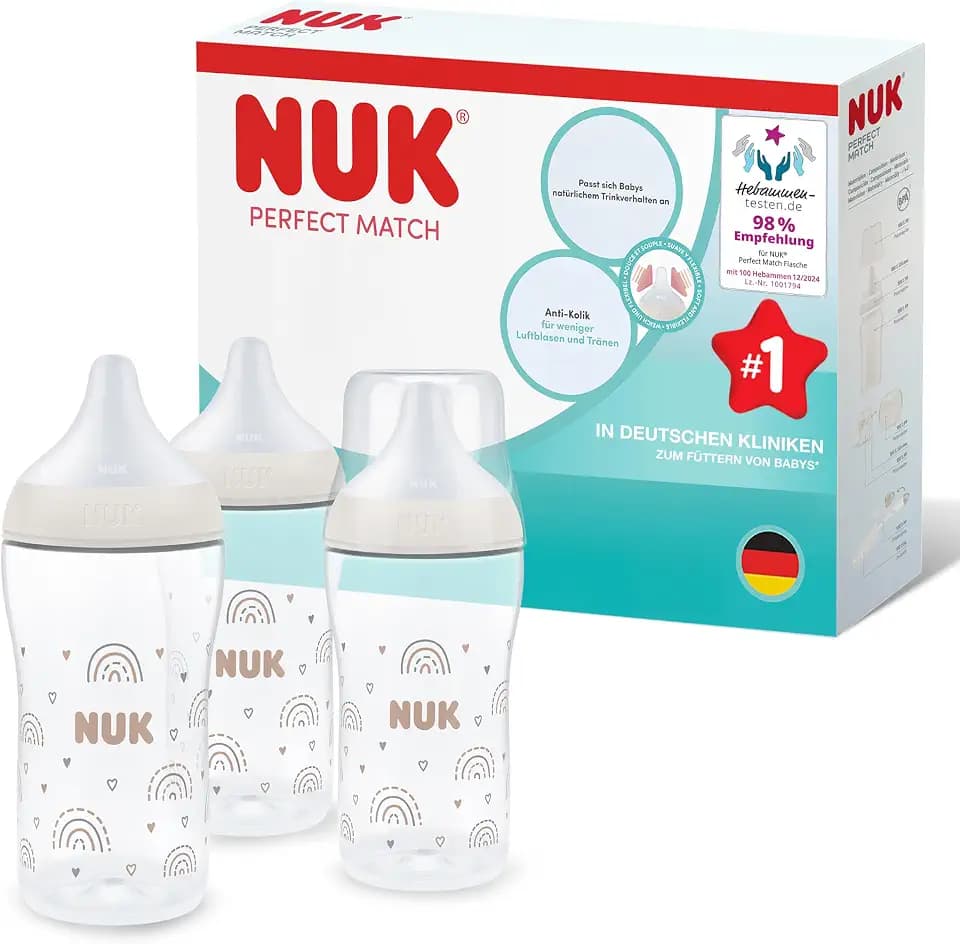 NUK Perfect Match Babyflaschenset | Ab 3 Monate | Passt sich dem Baby an | Temperature Control | Anti-Colic | 260 ml | Silikontrinksauger, Medium | Regenbogen | 3 Stück