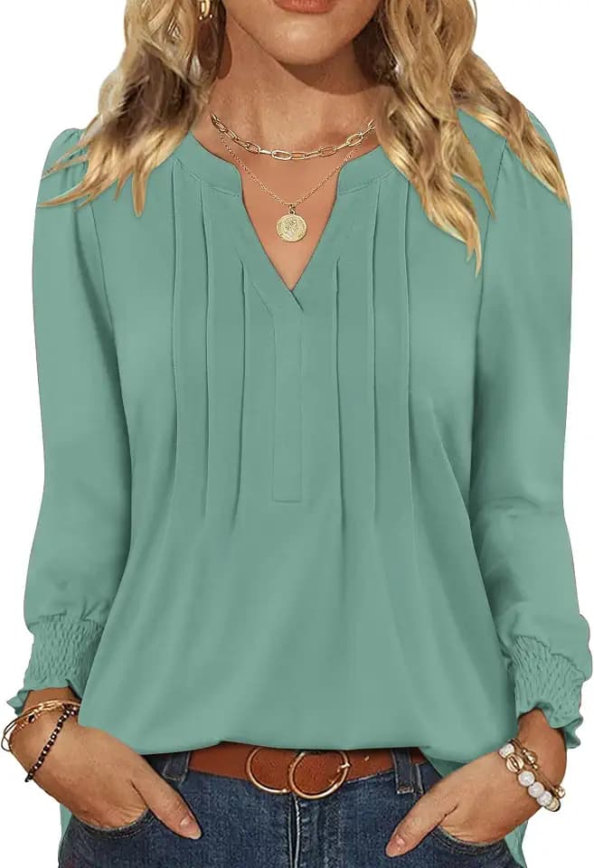 LOMON Womens Tops Dressy Casual Pleated Ruffle Long Sleeve Tunics Tops to Wear with Leggings V Neck Work Blouse