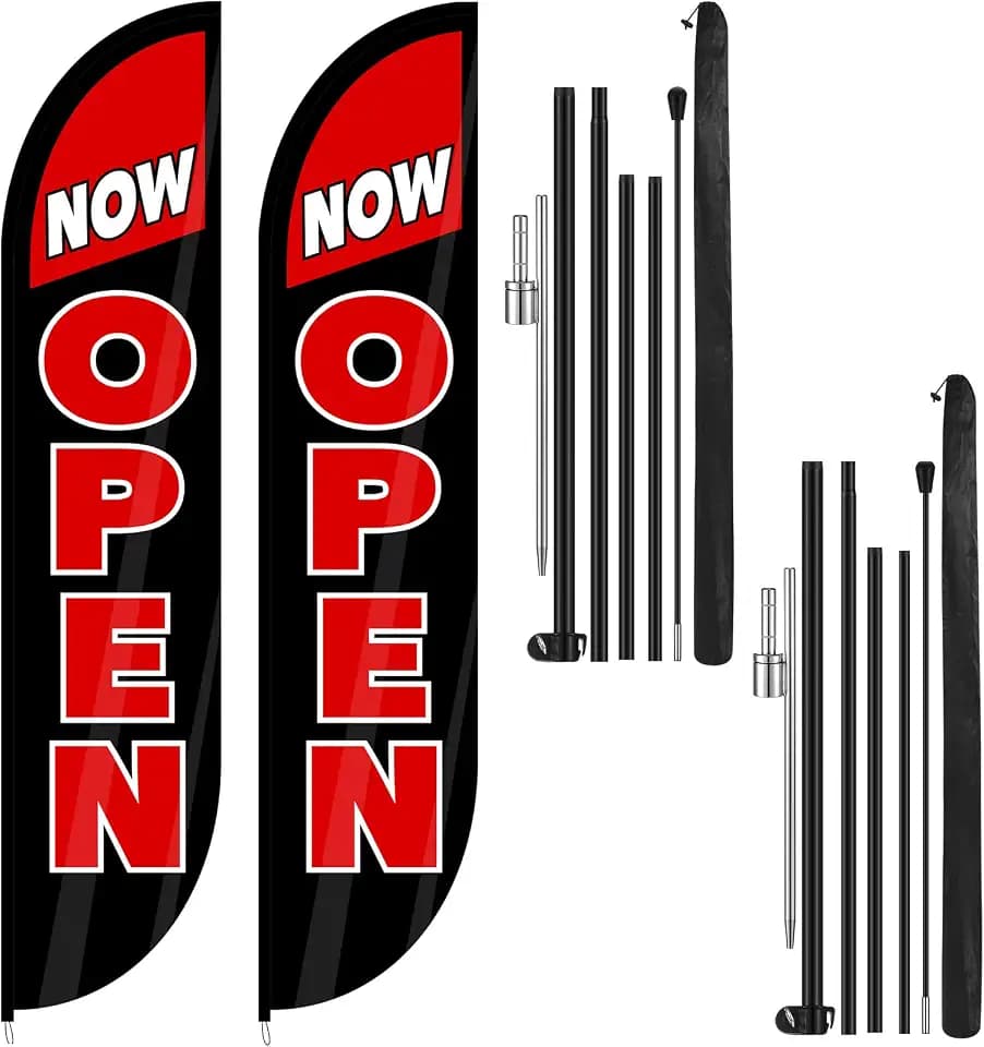 Preboun 2 Sets 12 ft Now Open Feather Flags Pole Kit for Business, Black