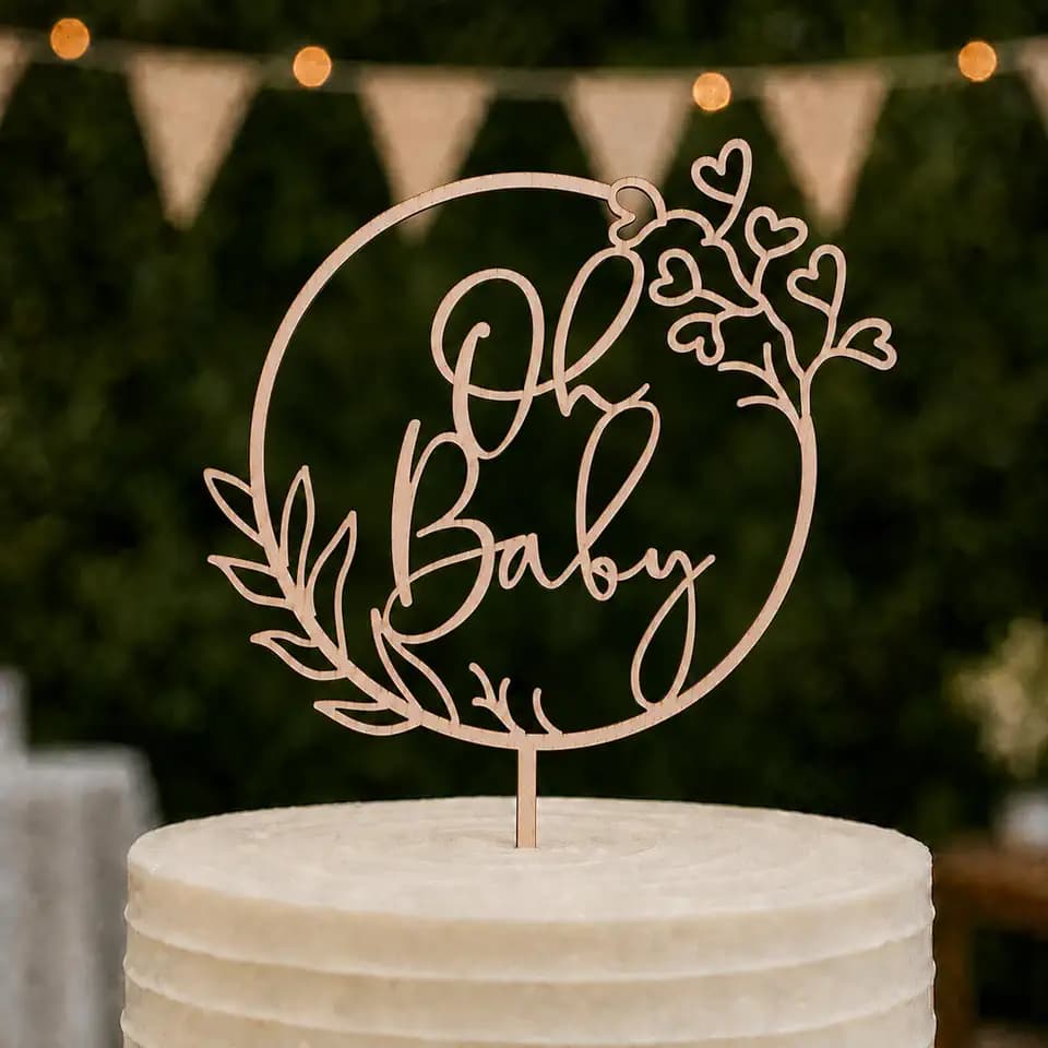 Wooden Oh Baby Cake Topper - Little Wildflower Baby Shower Decoration for Gender Reveal, Baptism Themed Parties