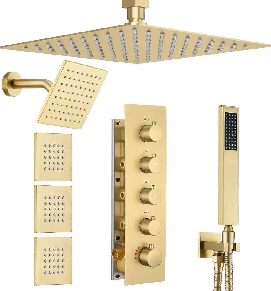 Thermostatic Dual Shower Heads System with 4-Inch Body Jets, Ceiling 16" Rainfall & Wall Mount 6" Shower Head, Luxury Brushed Gold Shower Faucet Set with Handheld Sprayer