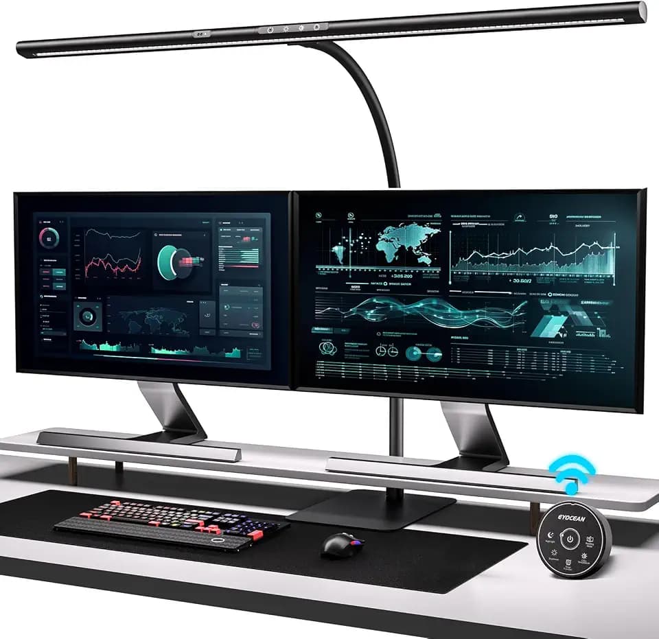EYOCEAN Schreibtischlampe LED mit Gestensteuerung & Fernbedienung, Dimmbare Monitor Lampe 24W 80cm, Tageslichtlampe Schreibtisch für Homeoffice, Bürolampe mit Sockel, 5 Farbtemperaturmodi Tischlampe