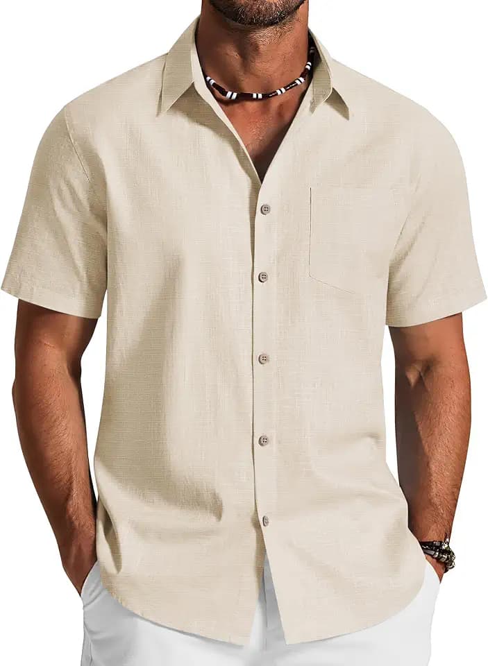 COOFANDY Herren Kurzarm Hemd Sommer Freizeithemden Herren Casual Beach Shirts Regular Fit Männer Hemd Kurzarm Button Down Basic Shirt Beige XL