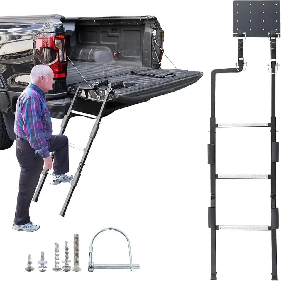 Tailgate Ladder for Pickup Trucks Heavy Duty, Easy Install Tailgate Steps Elder-Friendly, Truck Bed Ladder with Anti-Slip Steps, No Noise Pad, Truck Accessories Universal Fit Ram Ford, Foldable