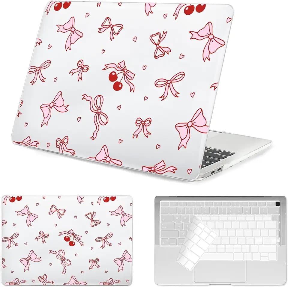 Seorsok Compatible with MacBook Air 13 Inch Case 2022 2021 2020-2018 Release A1932 A2179 M1 A2337,Cute Pink Ribbon Bow & Red Cherry Plastic Hard Case with Transparent Keyboard Cover,Crystal Clear
