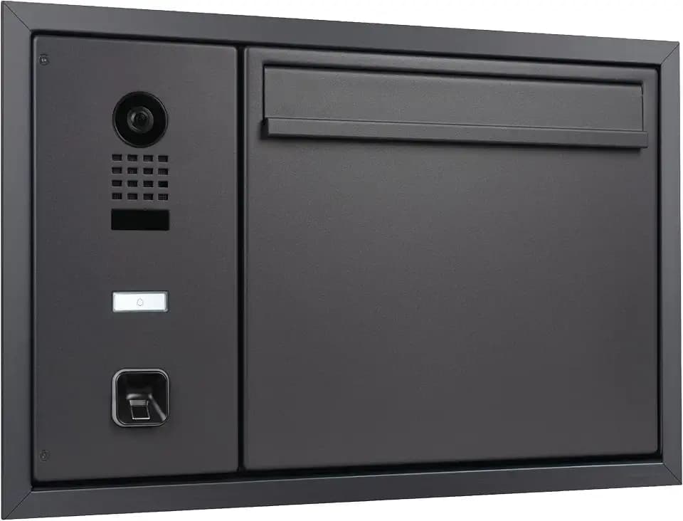 Hello Briefkasten mit DoorBird D1100E IP-Video-Sprechanlage und ekey sLine Fingerprint – Smarter Briefkasten, Öffnung per Finger, Unterputz, Unterputzmontage, Edelstahl, matt anthrazitgrau RAL 7016
