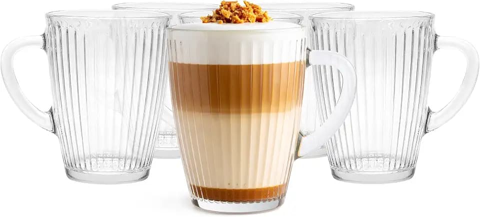 Glasmark Krosno 1992 Trinkgläser Gläser für Kaffee, Tee, Wasser, Säfte und Drinks - 6er Set 350 ml - Glasbecher mit Henkel - transparent, geriffelt - Wassergläser für Zuhause und Gastronomie