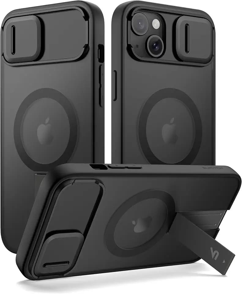 SURITCH for iPhone 13/14 Case, Compatible with MagSafe, Built-in Kickstand & Camera Cover & Translucent Back, Shockproof Rugged Protective Phone Cover 6.1 Inch, Black