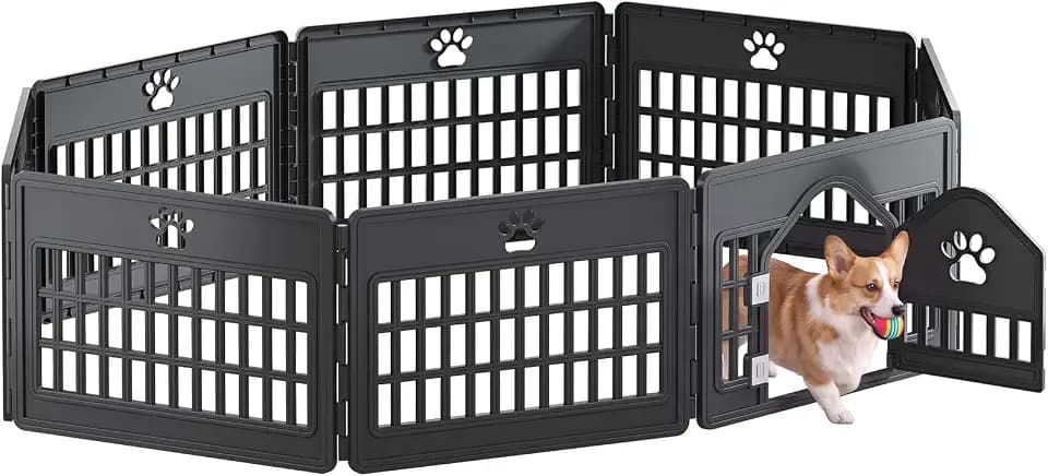 Dog Playpen 8 Panel, Puppy Playpen for Small Puppy, Small Dog Fence Indoor, Plastic Enclosure with Decorative Claw Print & Roof Style Gate, Secure Lock, Ideal for Cats, Rabbits, Black