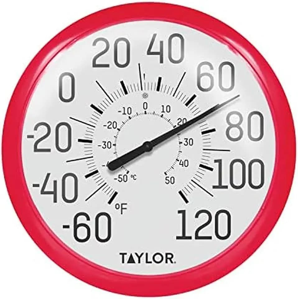 Taylor Big and Bold Wall Dial Thermometer, Indoor Outdoor Thermometer, Wireless Thermometer with Easy to Read Numbers for Patio, Pool, Garage and Indoor Areas, 13.25-inch, Red