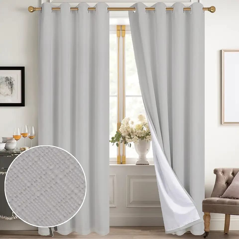 Diraysid 100% Blackout Curtains Light Grey Linen Curtains for Bedroom Grommet Thermal Insulated Room Darkening Drapes (2 Panels, W52 x L95 Inch)