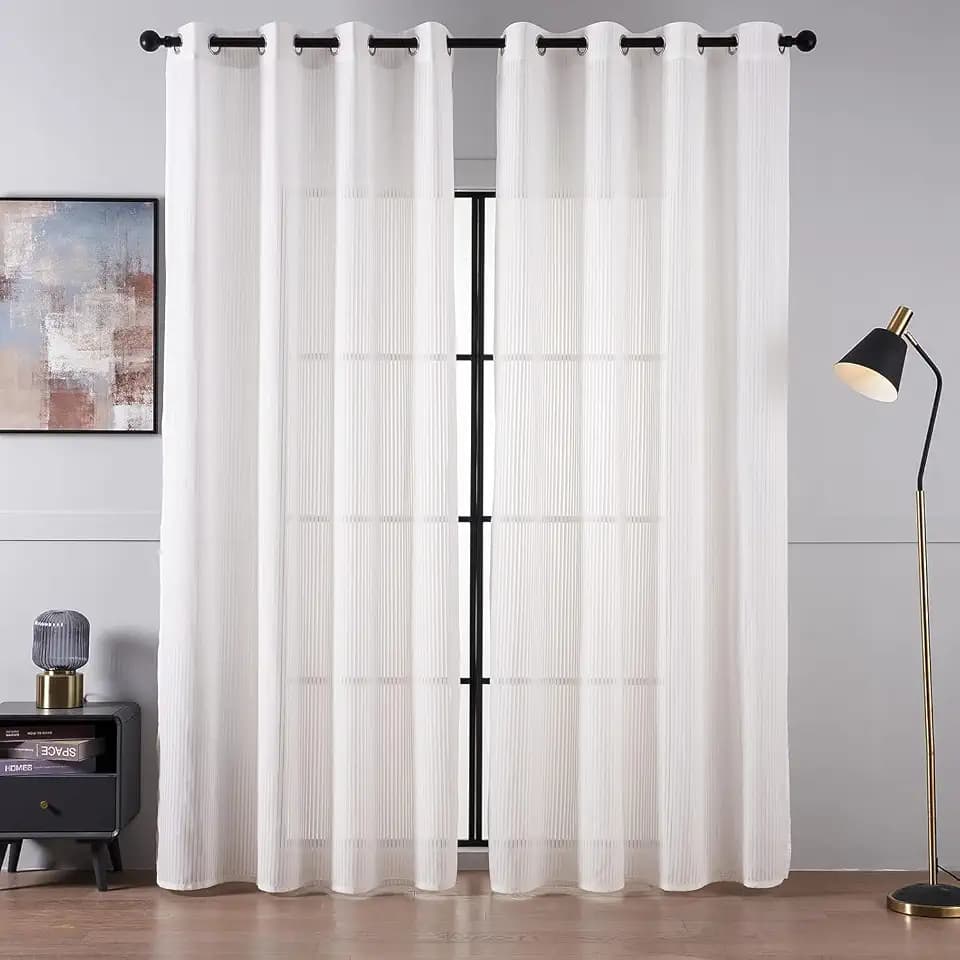 Topfinel Gardinen Wohnzimmer 140x235cm 2er Set Halbtransparent Modern Vorhänge Schlafzimmer mit Ösen Voile Vorhang mit Vertikalem Streifenmuster fur Kinderzimmer Weiß