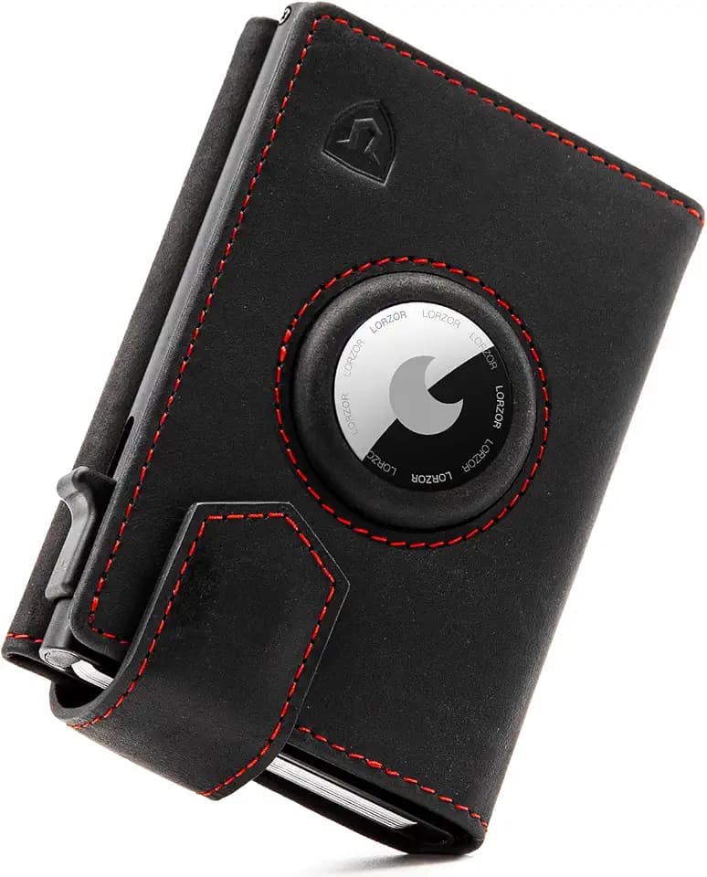 LORZOR® Design für Airtag Wallet, Slim Wallet mit Münzfach, Geldbörse Herren echtem Leder, RFID Blocker Portemonnaie, Portmonee Herren kartenetui Platz für 10 Karten, Geldbeutel (Schwarz rot)