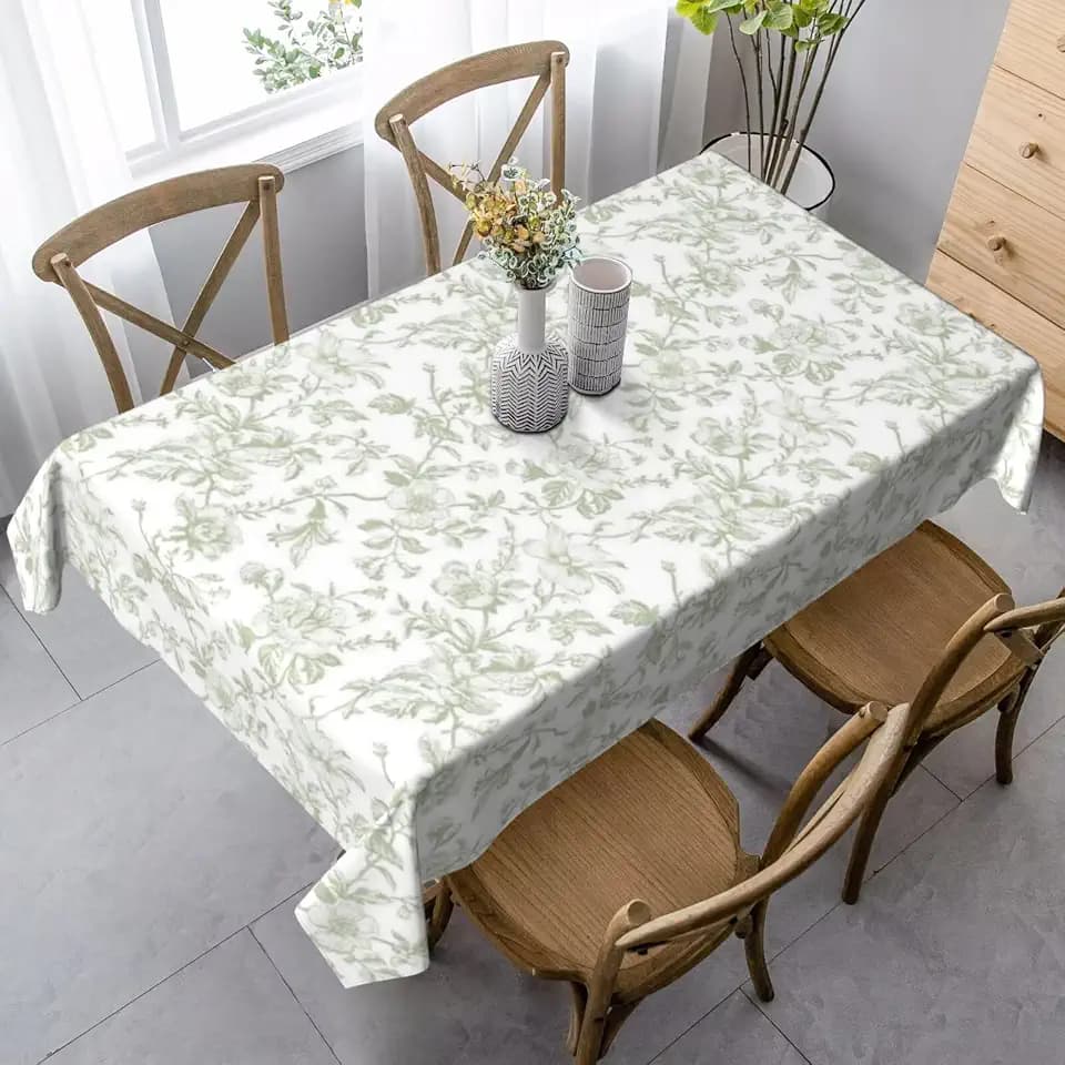 Sage Green Floral Tablecloth Rectangle 60x120 Inch Light Green Chinoiserie Floral Table Cloth Polyester Fabric Vintage Spring Summer Flowers Farmhouse Table Cover for Home Party Picnic Outdoor Decor