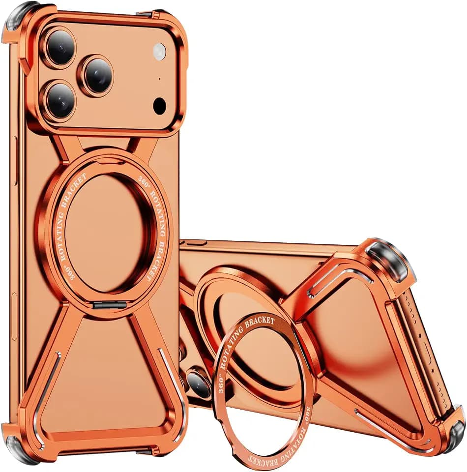 LEMAXELERS Magnetische Hülle für iPhone 17 Pro Max Handyhülle [Kompatibel mit MagSafe] Aluminium Metal Ständer Stoßfest Bumper Heavy Duty Schutzhülle für iPhone 17 Pro Max Orange THJ
