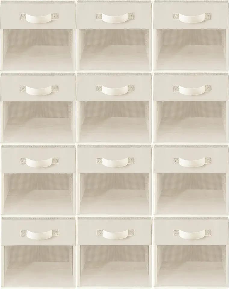 Storage Bins with Clear Window, 11x11 Storage Cubes, Collapsible Cube Storage Box, Fabric Closet Organizers with Handles for Home, Office, Shelf, Closets, Living Room, Beige, 12 Pack