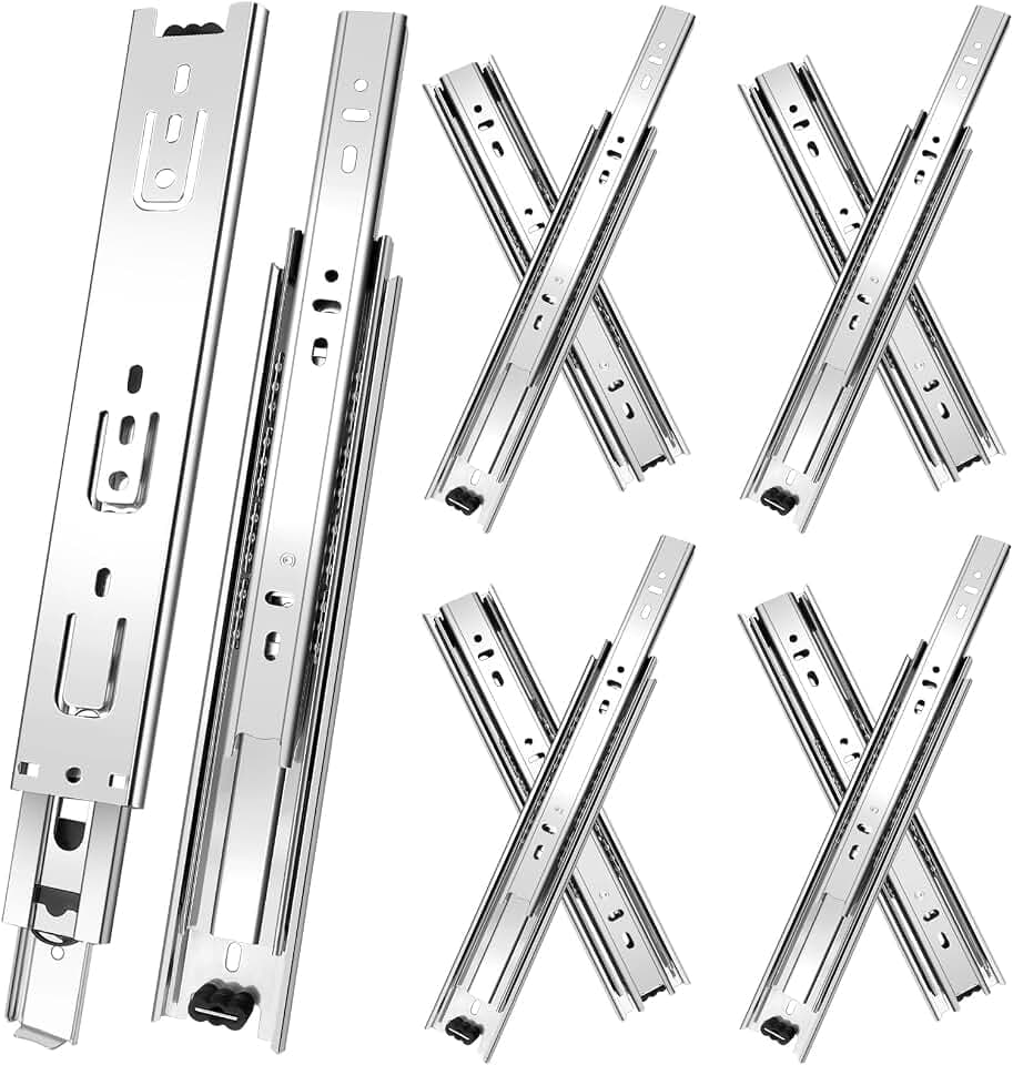 Schubladenschienen, 45cm, 4 Paar (8 Stück), Vollauszug, 3-fach gefaltet, rollenauszug schubladenauszüge, seitliche Montage, schubkastenauszug, 45,4 kg Kapazität, Silber,18inch