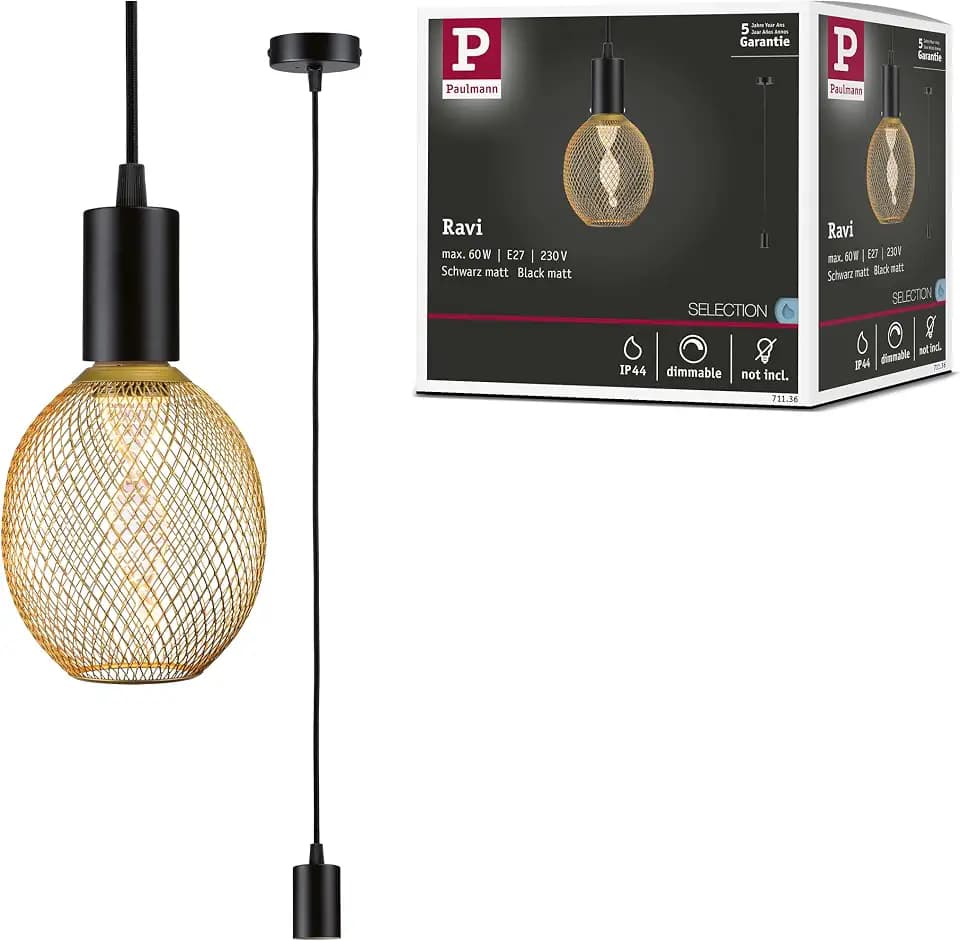 Paulmann 71136 Pendelleuchte Ravi IP44 E27 max. 60W Schwarz matt Pendel ohne Leuchtmittel