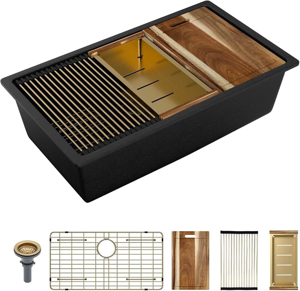Sarlai 32 Granite Composite Kitchen Sink - 32"x19" Black Undermount Kitchen Sink Ledge Workstation Matte Black Granite Quartz Composite Under-Mount Single Bowl Sinks Basin with Gold Accessories